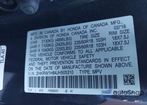 2018 Honda Cr-V Ex-L/Ex-L Navi из США, поврежденный, VIN 2HKRW1H84JH505310